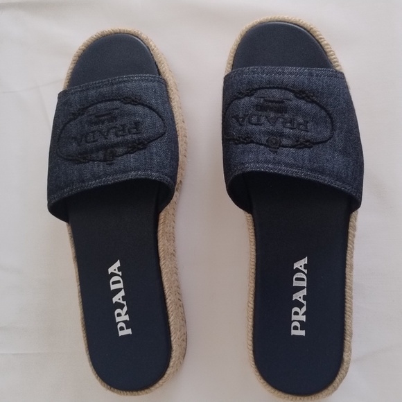 Prada Denim Embroidered Platform Espadrilles Sz 39 / US 8.5-9 - Picture 2 of 12
